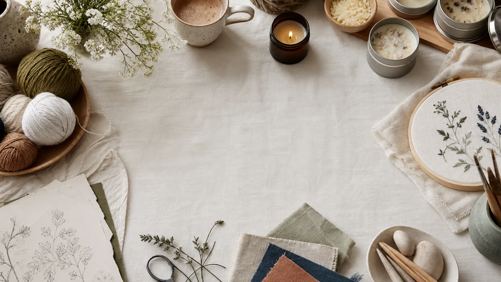 Bright craft table with yarn, fabric, clay and handmade decor